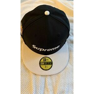 Supreme Men's Solid Fitted Baseball Cap Hat Black White Logo Size 7 3/4